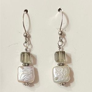 Square Pearl Smoky Grey Square Crystal and Signed 925 Silver Drop Earrings